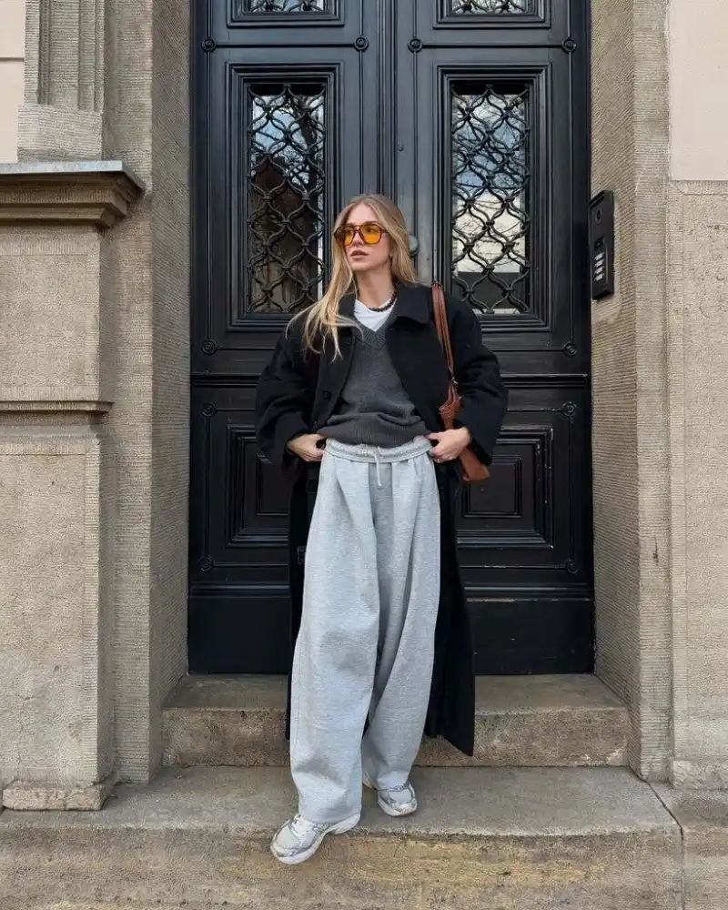 Oversized Black Coat and Grey Sweatpants