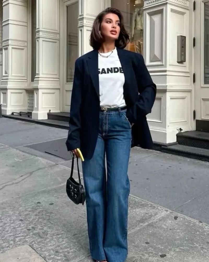 Oversized Blazer Over Graphic Tee and Wide-Leg Denim