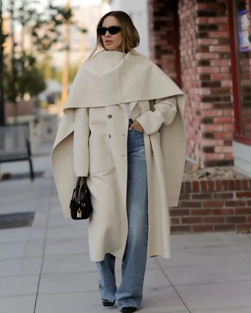Oversized Cape-Collar Coat Over Jeans