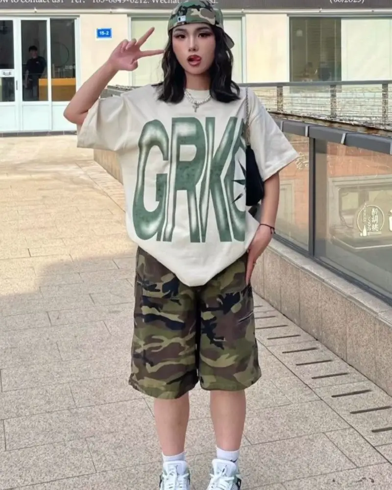 Oversized Graphic Tee + Camo Shorts