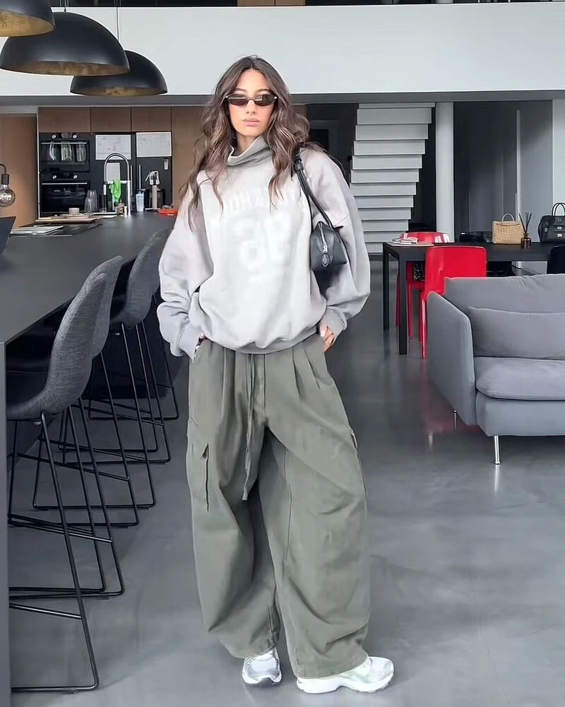 Oversized Grey Turtleneck + Olive Cargo Pants
