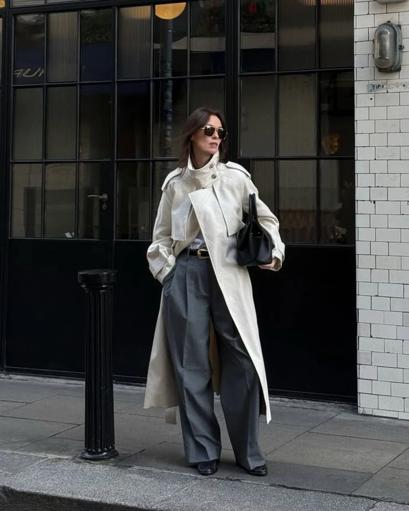 Oversized Ivory Trench & Grey Trousers