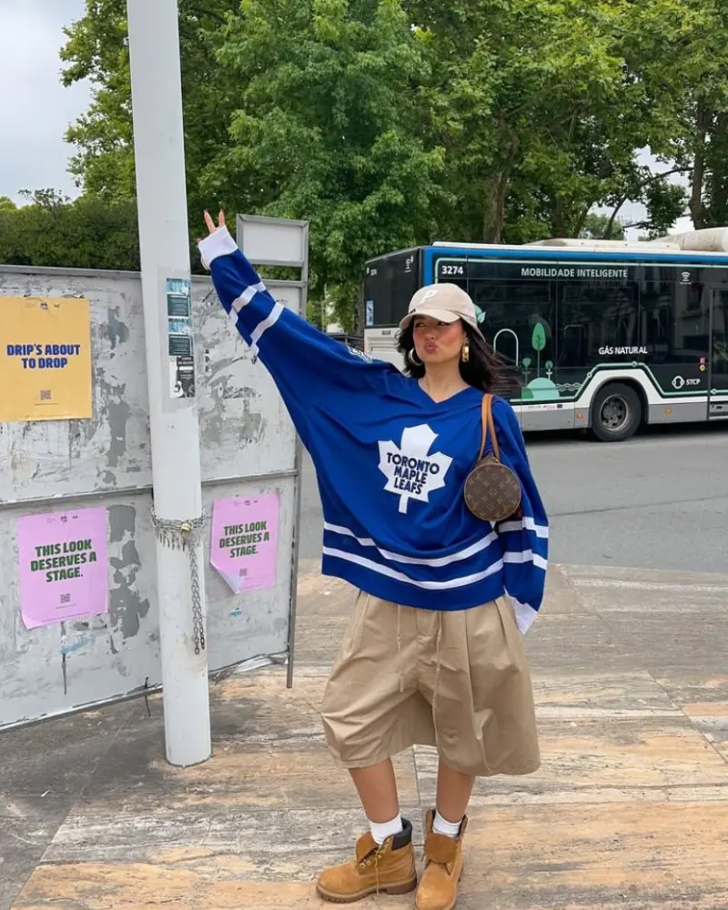 Oversized Jersey Paired with Relaxed Khaki Shorts