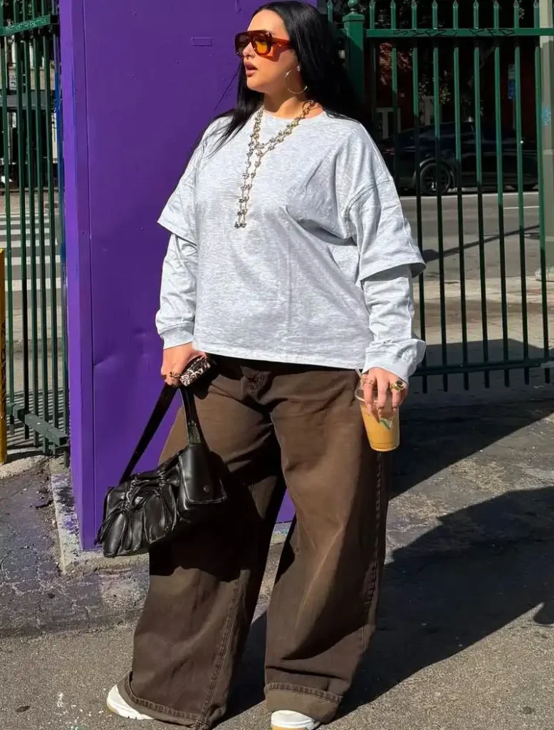 Oversized Layered Top with Brown Wide-Leg Trousers