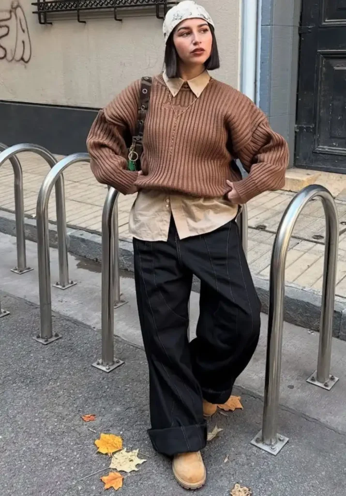 Oversized Ribbed Sweater Over a Collared Shirt