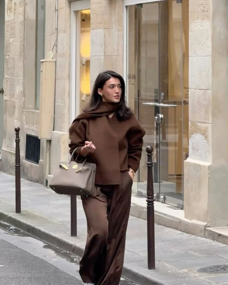 Oversized Sweater + Scarf Detail + Satin Pants