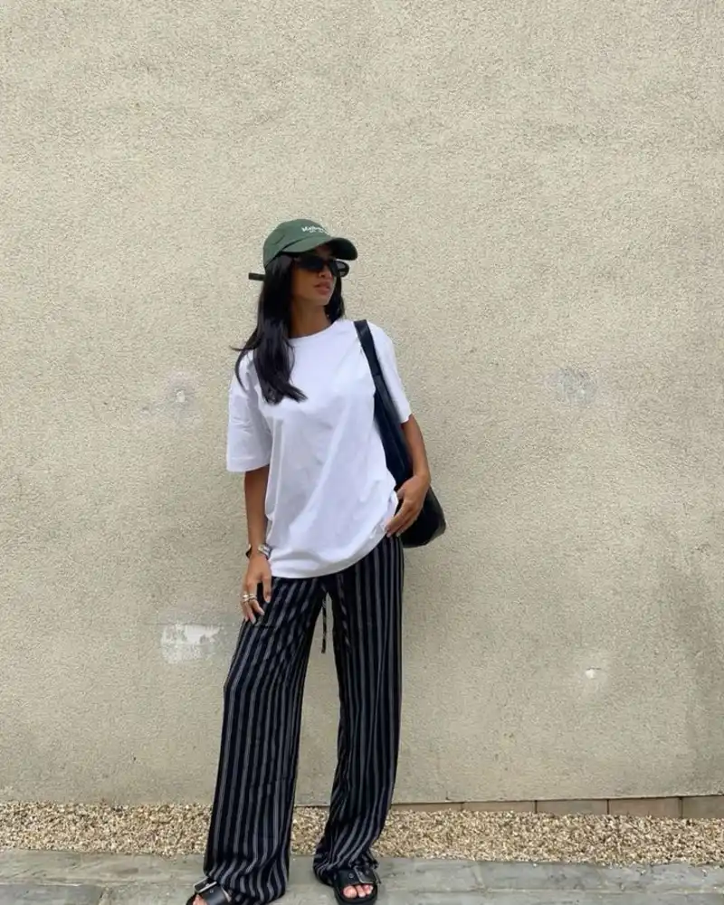 Oversized Tee + Striped Wide-Leg Pants