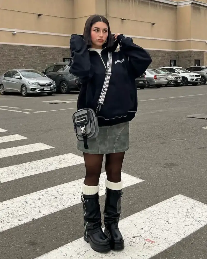 Oversized Zip Hoodie + Suede Mini Skirt + Tall Boots