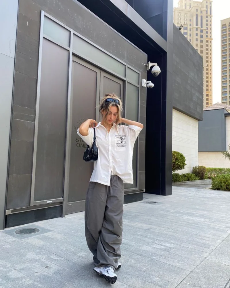  Oversized button shirt + parachute cargo pants