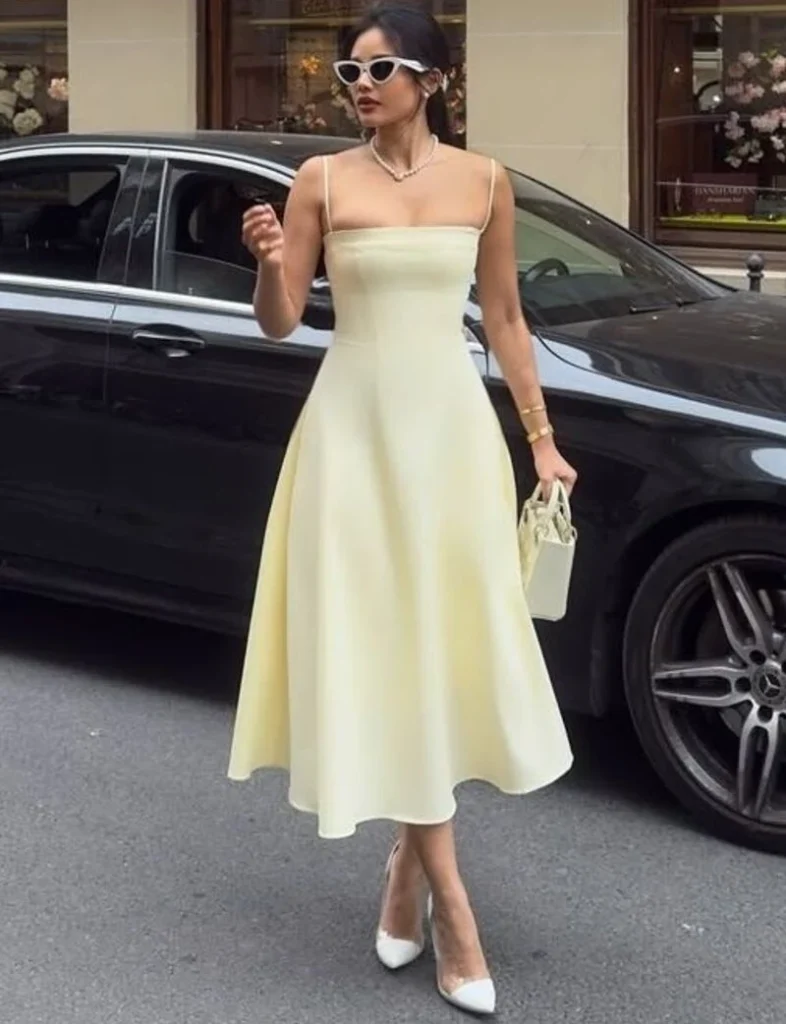 Pale Yellow Fit-and-Flare Midi Dress