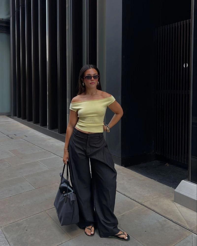  Pale Yellow Off-Shoulder Top, Black Wide-Leg Trousers