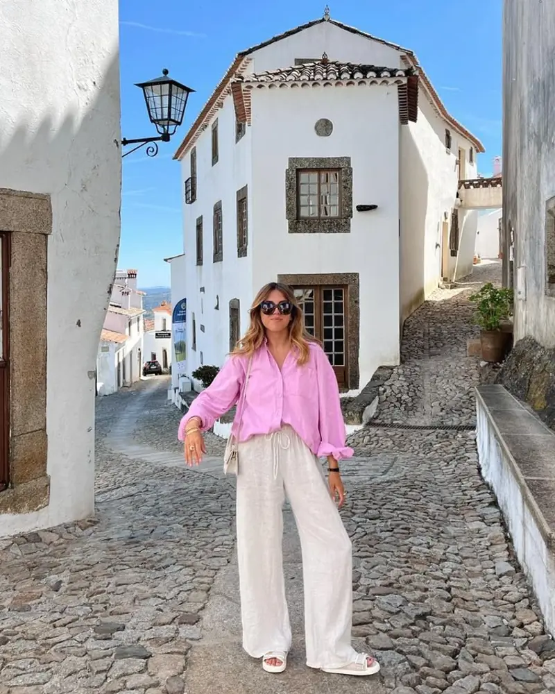 Pink Blouse & Ivory Trousers