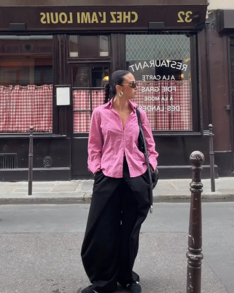  Pink Button-Down with Black Wide-Leg Trousers