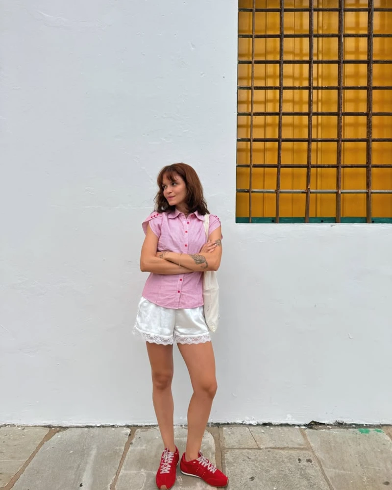 Pink Button-Up & White Lace Shorts
