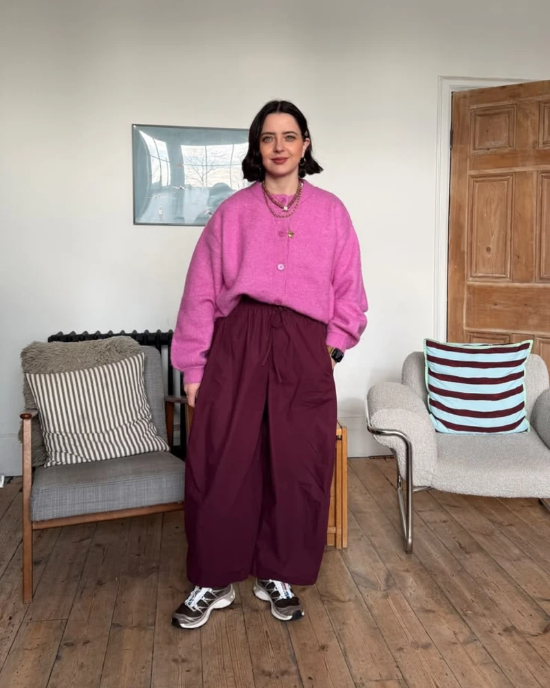 Pink Cardigan, Burgundy Wide Pants