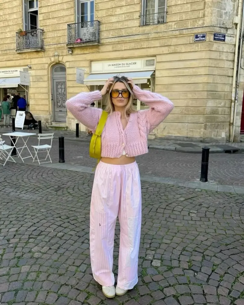 Pink Cardigan & Striped Trousers
