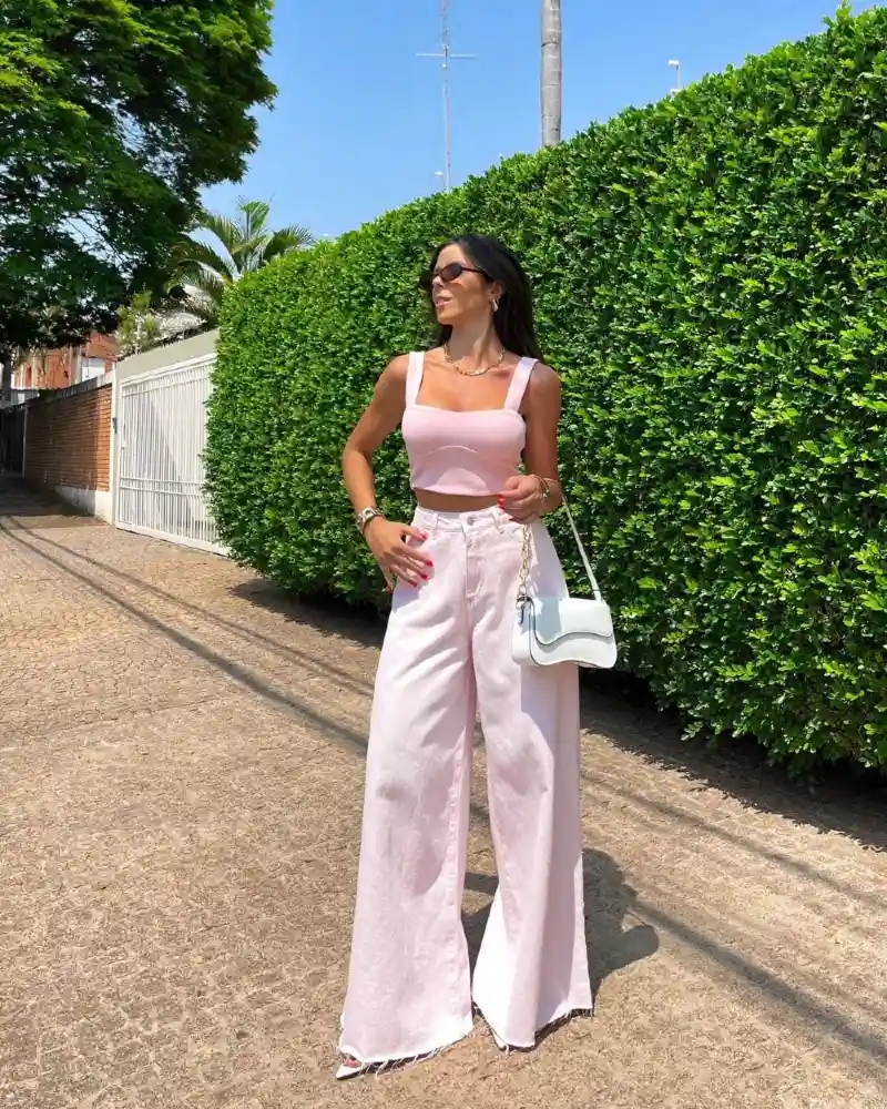 Pink Corset Top + Wide-Leg Jeans