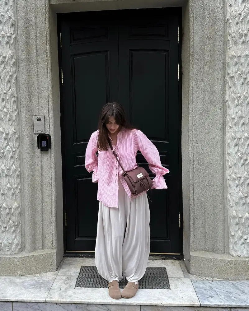 Pink Gingham Blouse & Grey Harem Pants