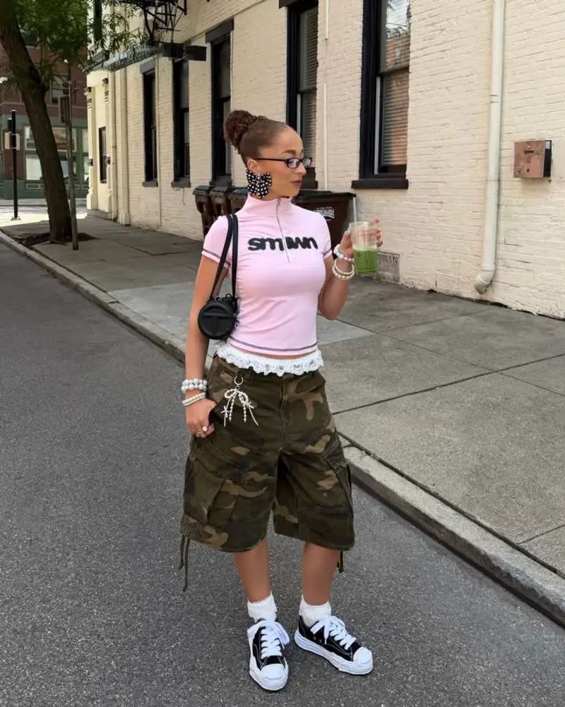  Pink Graphic Crop Top, Camo Cargo Shorts
