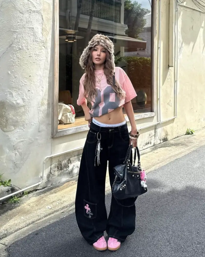 Pink Graphic Tee & Patched Black Denim