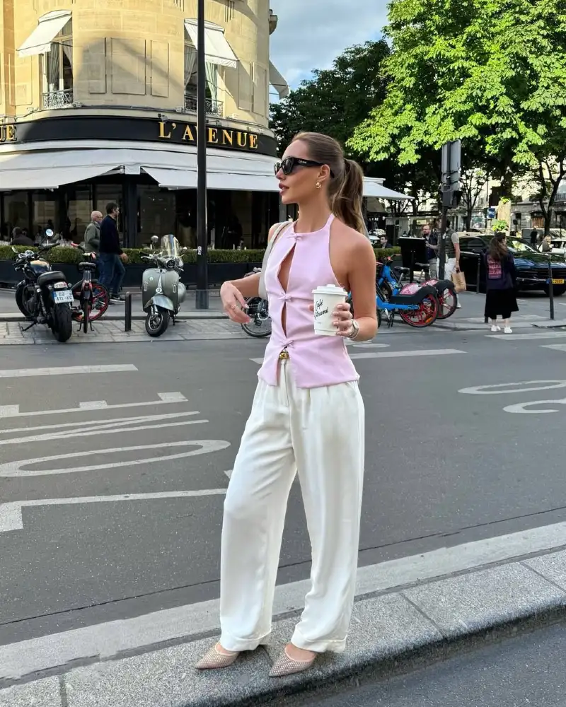 Pink Halter Top + Ivory Wide-Leg Trousers