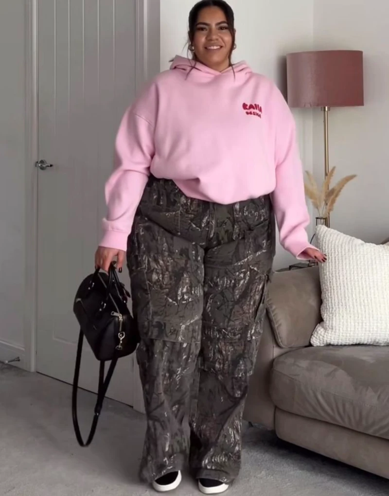  Pink Hoodie with Camo Cargo Wide-Leg Pants
