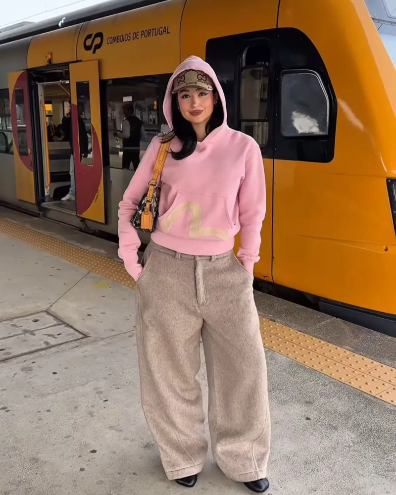 Pink Hoodie with Taupe Trousers