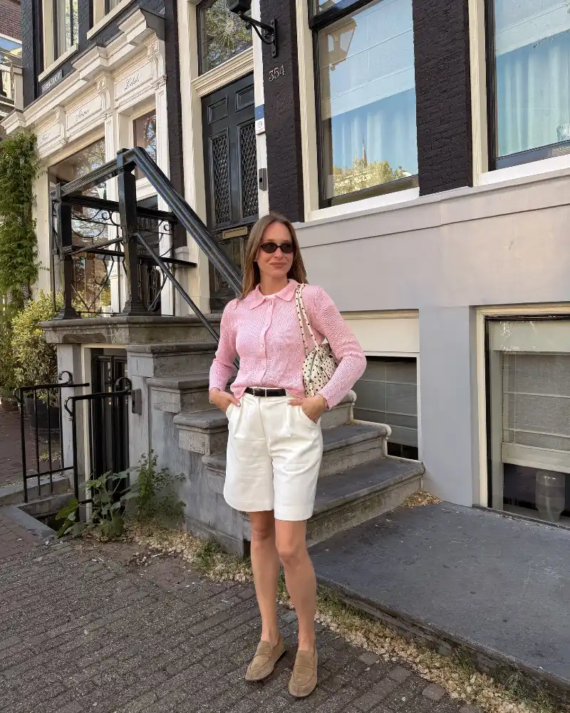 Pink Knit Cardigan & White Shorts