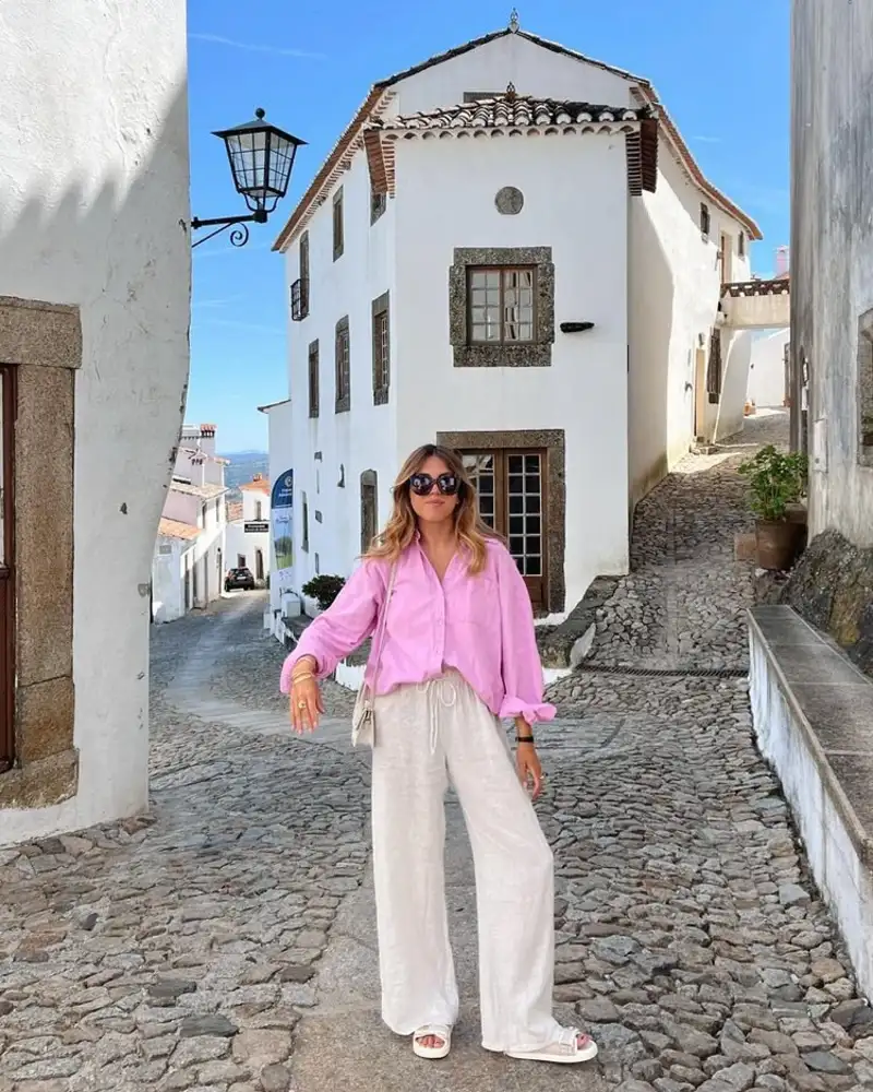  Pink Linen Shirt & Cream Wide-Leg Trousers
