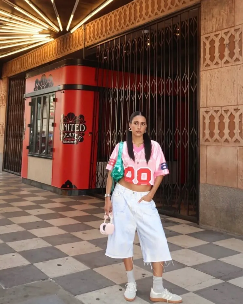 Pink Mesh Jersey & Frayed Denim