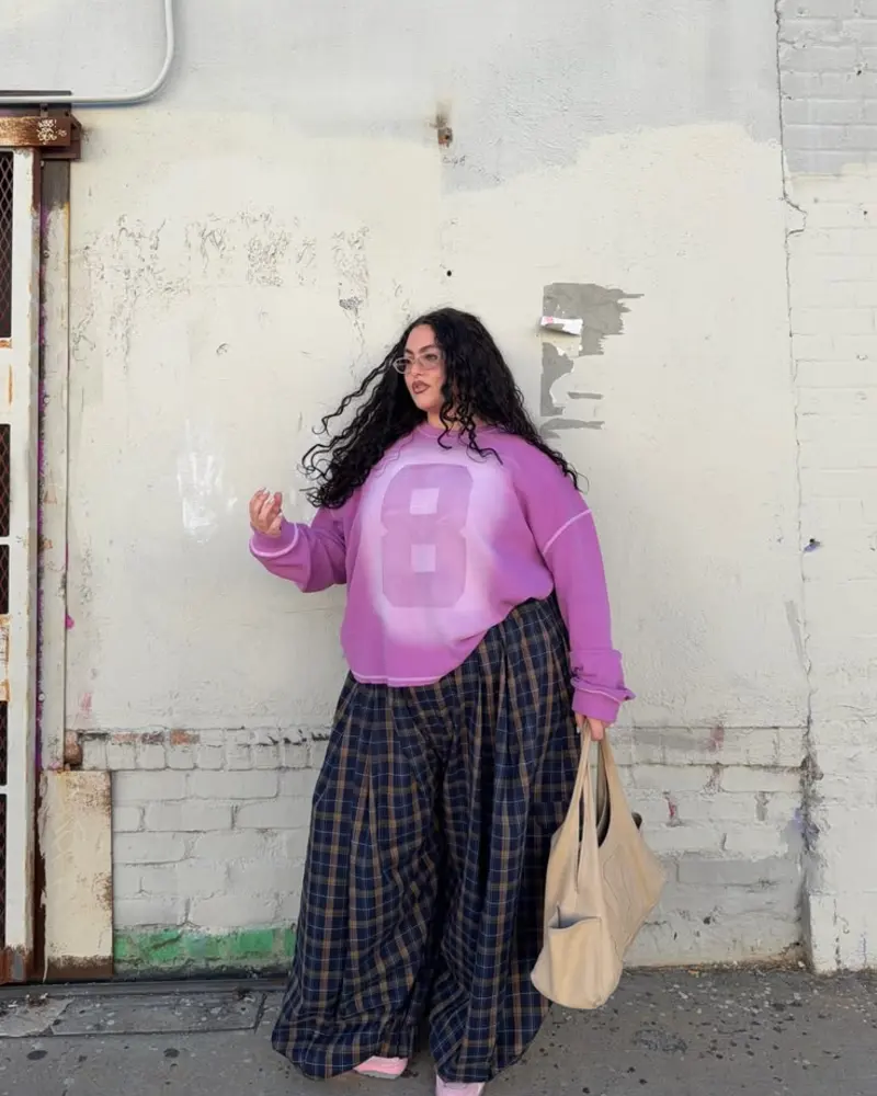 Pink Ombre Sweatshirt Meets Plaid Wide-Leg Pants