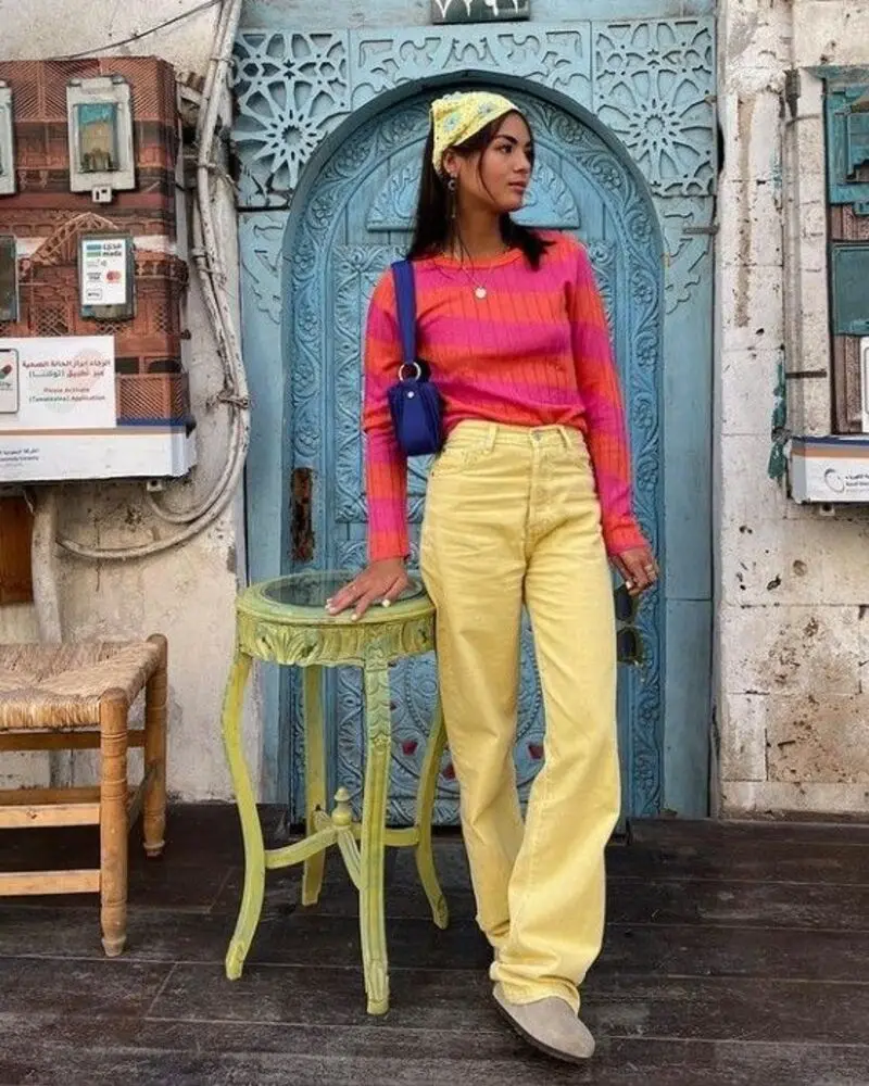 Pink & Orange Stripe Knit & Soft Yellow Denim