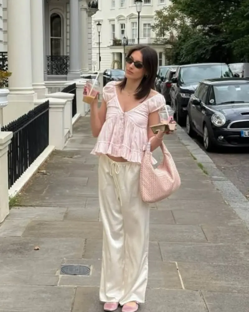 Pink Ruffle Top & Cream Satin Pants