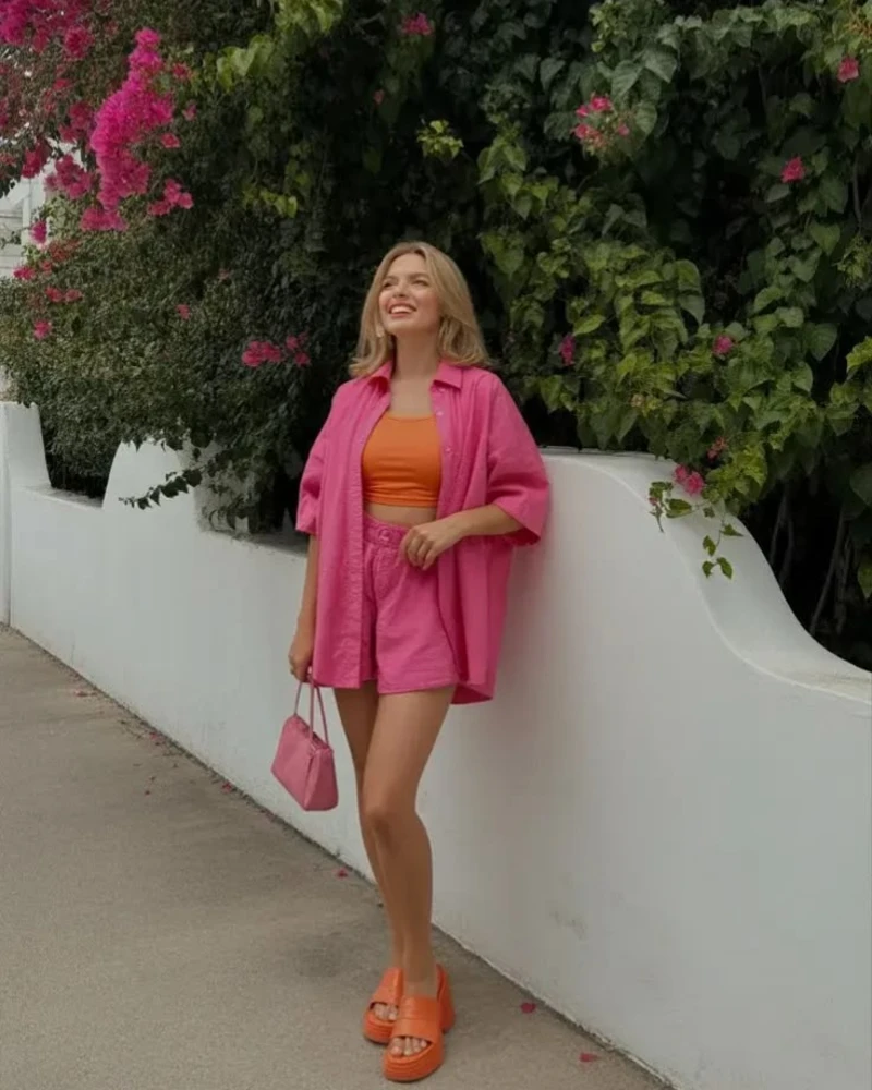 Pink Shirt, Orange Top & Pink Shorts