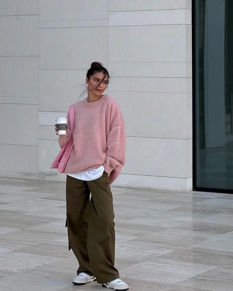 Pink Sweater, Olive Cargo Pants