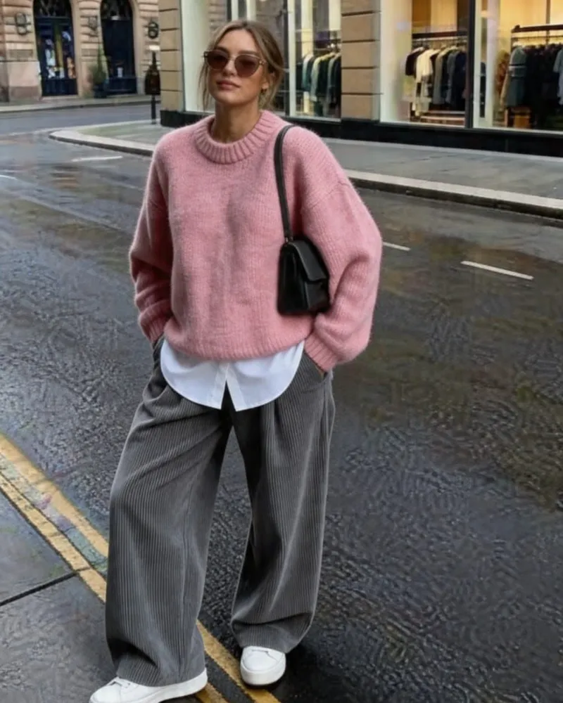Pink Sweater Over White Shirt and Grey Trousers
