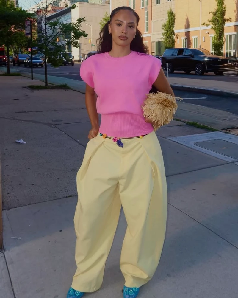Pink Sweater Vest & Pale Yellow Balloon Pants