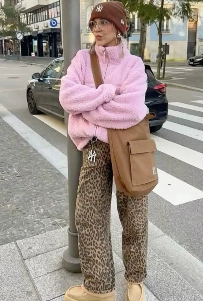 Pink Teddy Fleece and Leopard Denim