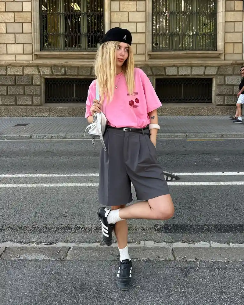 Pink Tee & Grey Tailored Shorts