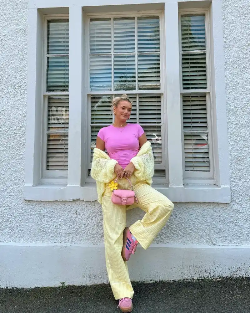  Pink Tee, Yellow Cardigan, Playful Pose