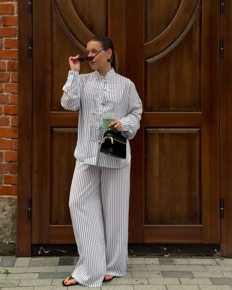 Pinstripe Matching Set With a Mandarin Collar