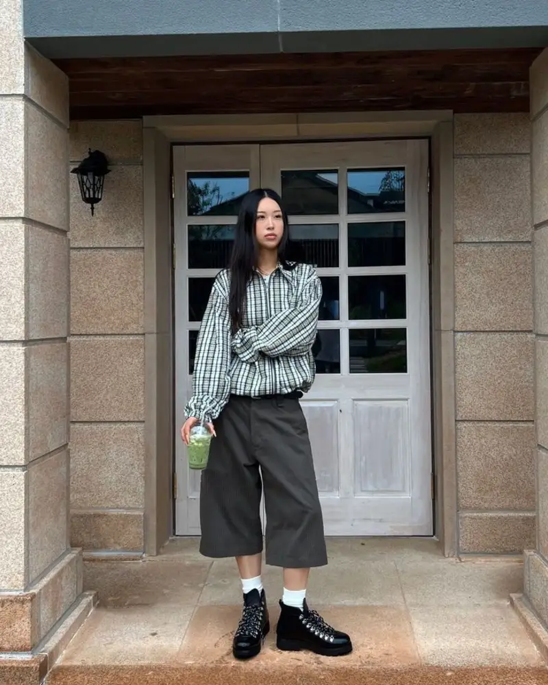 Plaid Oversized Shirt, Olive Culottes
