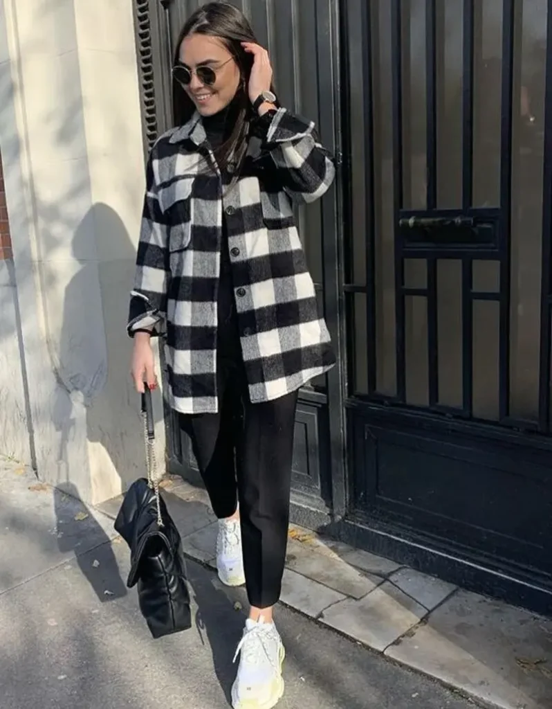 Plaid Shacket, Black Base Layers, Statement Sneakers