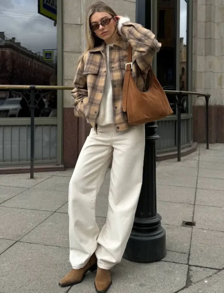 Plaid Shacket Over Ivory Wide-Leg Trousers