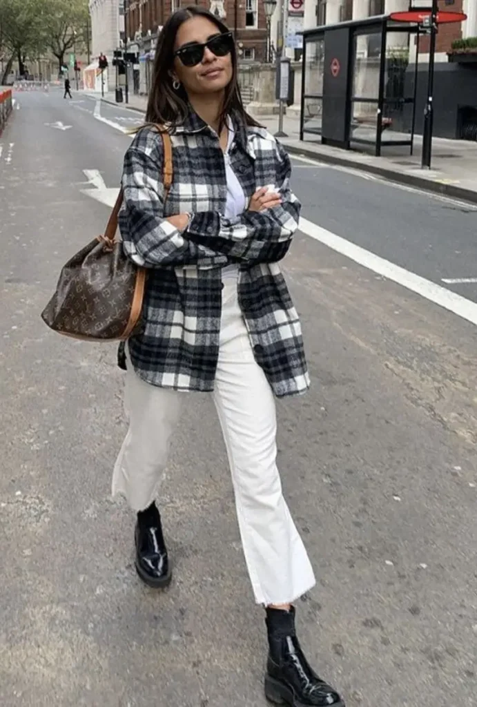 Plaid Shacket Over White Cropped Jeans