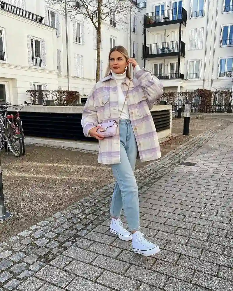 Plaid Shacket, Turtleneck and Mom Jeans