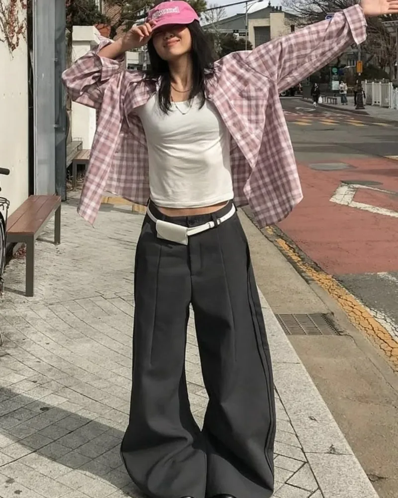 Plaid Shirt, Tank Top & Wide-Leg Trousers
