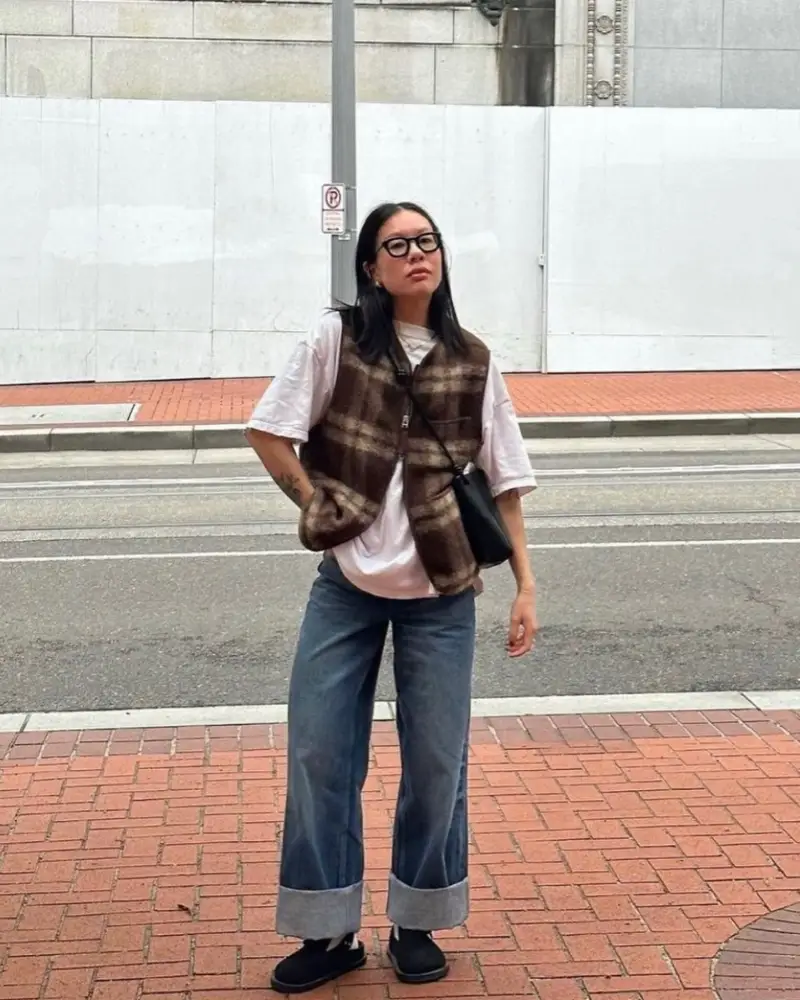 Plaid Wool Vest + White Tee + Cuffed Denim