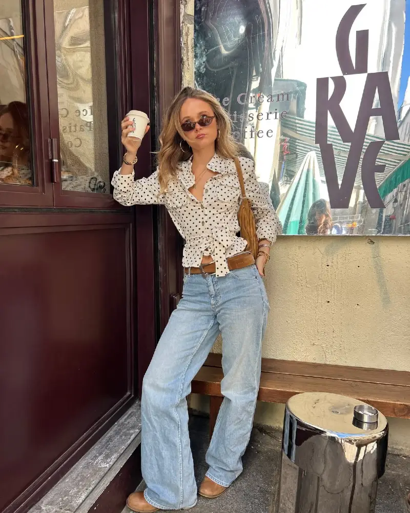  Polka-Dot Blouse and Wide-Leg Denim