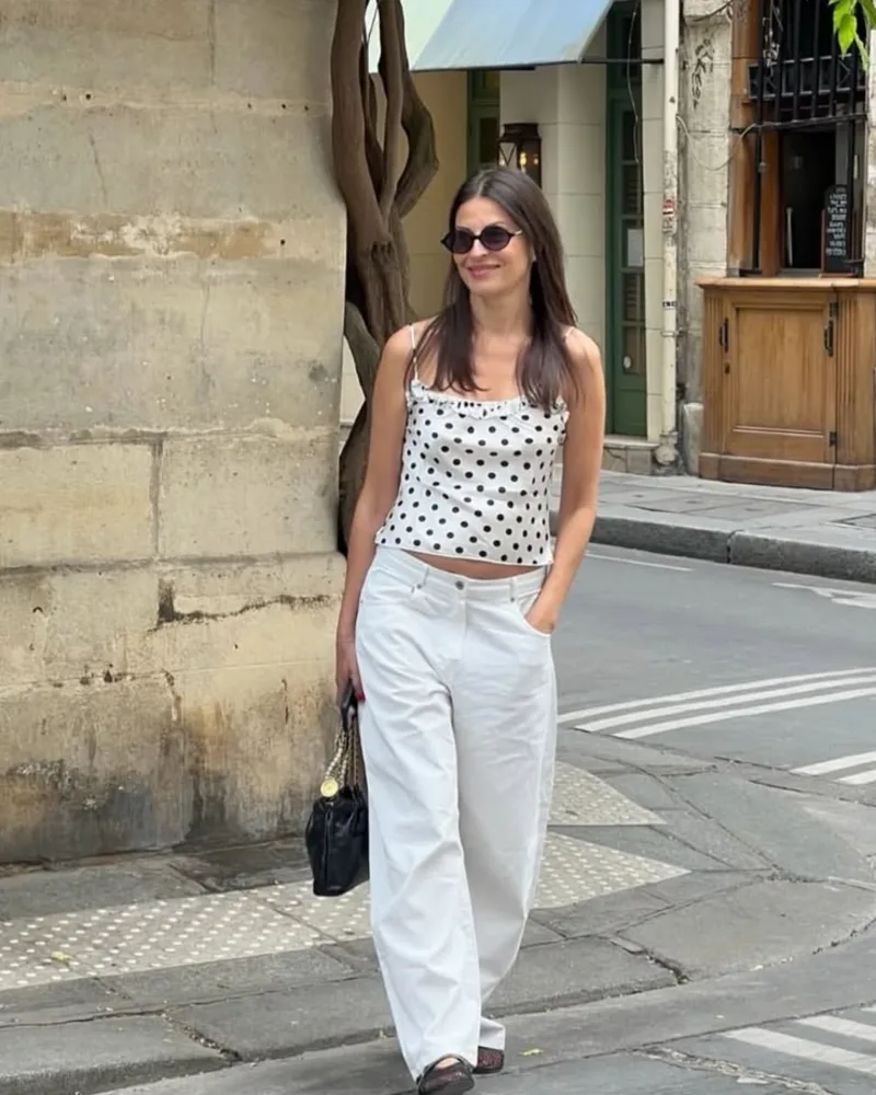 Polka Dot Cami & White Trousers